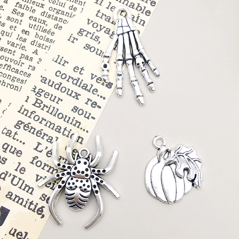 Antiek Zilver Zinklegering Halloween Charmes Voor DIY Sieraden Maken Spinnenweb Schedel Vleermuis Pompoen Geest Hanger Set
