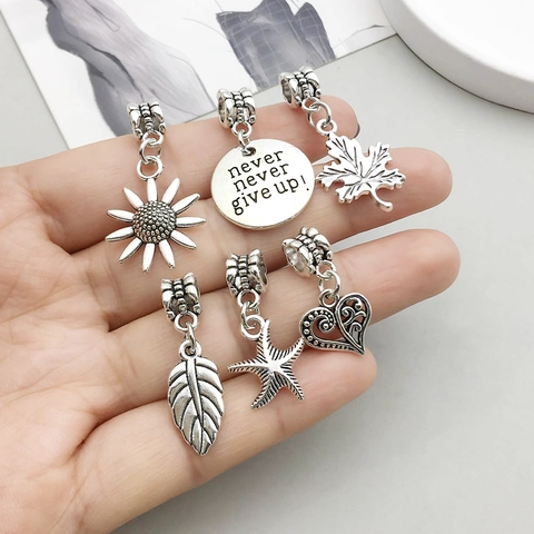 Antique Silver Zinc Alloy DIY Jewelry Accessories Mixed Large Hole Bead Charms Maple Leaf Heart Star Pendants For Bracelet Making