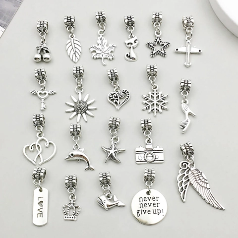 Antique Silver Zinc Alloy DIY Jewelry Accessories Mixed Large Hole Bead Charms Maple Leaf Heart Star Pendants For Bracelet Making