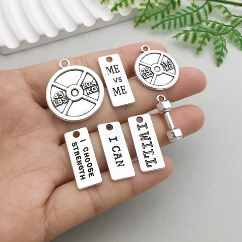 Antique Silver Alloy Fitness Theme Charms Motivational Letter Barbell Dumbbell Pendants For DIY Jewelry Making Accessory