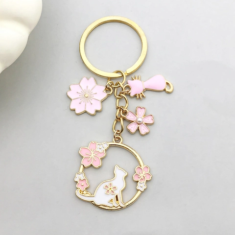 Porte-clés Chat Cerisier en Émail Rose Kawaii Alliage de Zinc Plaqué Or Pendentif de Sac pour Femmes Filles Cadeau