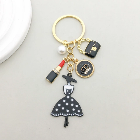 Mode Zinklegierung Schlüsselanhänger Mit Strass Lippenstift Und Kunstperle Handtasche Anhänger Polka Dot Dame Tasche Dekor