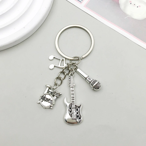 Porte-clés à Thème Musical en Alliage de Zinc Argent Antique Avec Pendentif Guitare Microphone Batterie Note de Musique Cadeau