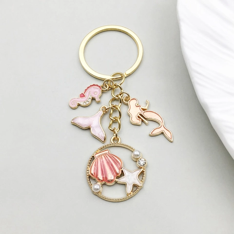 Llavero de Esmalte de Sirena y Caballito de Mar Rosa Dorado Aleación de Zinc Colgante de Bolso Accesorio Decorativo Regalo Mujer