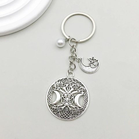 Portachiavi Vintage in Lega Argento Antico Albero Della Vita Luna Stella Pentagramma Con Perla Artificial Sintetica Portachiavi Celtico Mistico