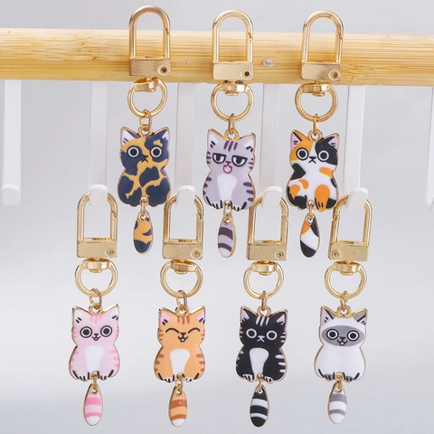 Schattige Cartoon Emaille Kat Sleutelhanger Set Veelkleurige Legering Sleutelring Met Beweegbare Staart Kittens Patroon Tas Bedel Hanger Sieraden Cadeau