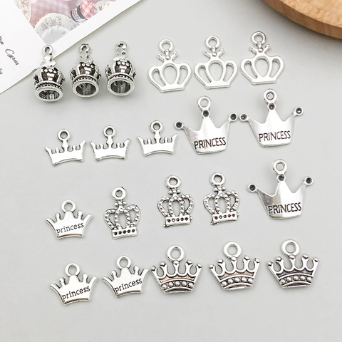 Vintage Antique Silver Zinc Alloy Crown Charms Hollow Pendants With Princess Letters For DIY Jewelry Making Accessories Charms