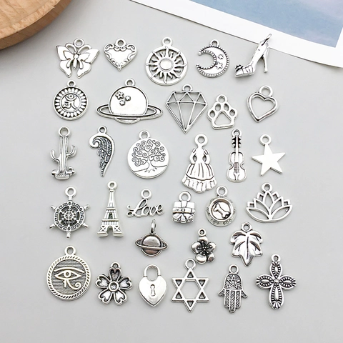 Antique Silver Alloy DIY Charms Pendants For Jewelry Making Mixed Heart Star Wing Eiffel Tower Moon Planet Cactus Sun Butterfly Lotus Hamsa Hand Flower Charms
