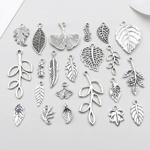 Antique Silver Zinc Alloy Leaf Charms For DIY Jewelry Making Vintage Tree Leaf Feather Pendants For Necklace Bracelet Handmade Accessories