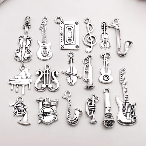 Antique Silver Zinc Alloy Musical Instrument Pendants Guitar Piano Saxophone Charms For DIY Jewelry Making Accessories