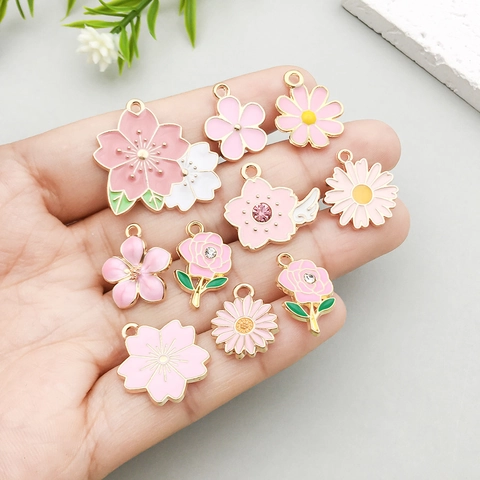 Pink Enamel Flower Charms Zinc Alloy Rhinestone Cherry Blossom Daisy Rose Pendant For DIY Jewelry Making Necklace Bracelet