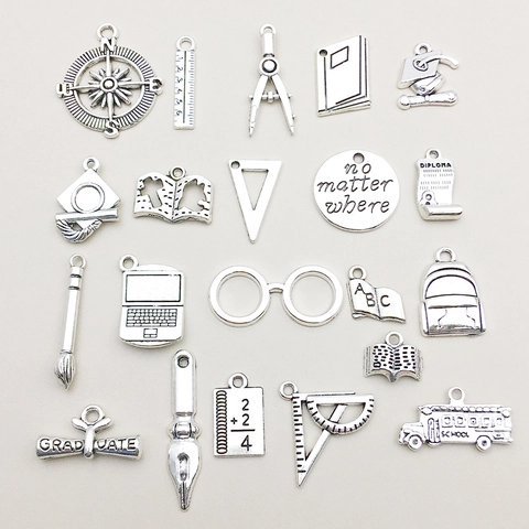 Antique Silver Zinc Alloy Graduation Theme Charms Set Graduation Cap Book Diploma School Bus Pendant For DIY Jewelry Making