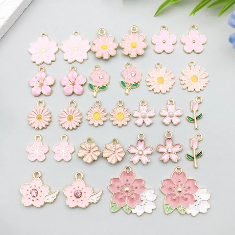 Pink Enamel Flower Charms Zinc Alloy Rhinestone Cherry Blossom Daisy Rose Pendant For DIY Jewelry Making Necklace Bracelet