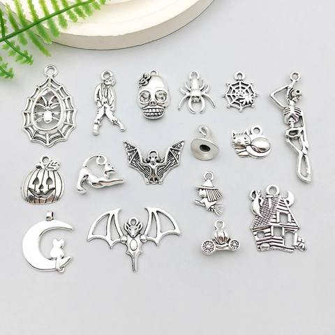 Antique Silver Zinc Alloy Halloween Charms Set Spider Bat Pumpkin Skull Ghost House DIY Jewelry Making Accessories Pendants