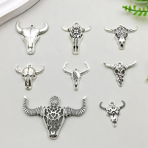 Vintage Antique Silver Bull Skull Pendant Charms Zinc Alloy Ox Skull Head Halloween DIY Jewelry Accessories For Necklace Making
