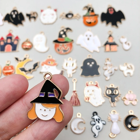 Pendentifs Émaillés en Alliage DIY Halloween Fantôme Citrouille Chauve-souris Chat Araignée Château pour Création de Bijoux