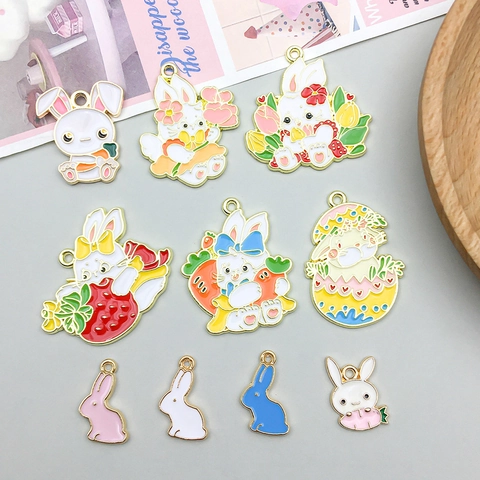 Easter Rabbit Enamel Alloy Charms For DIY Jewelry Making Cartoon Bunny Carrot Strawberry Pendants For Bracelet Necklace Crafting