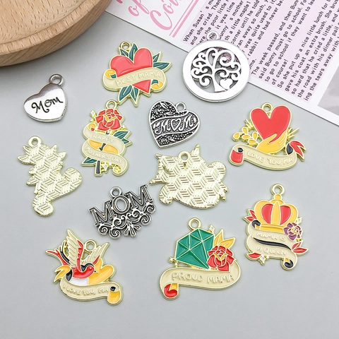 Mother's Day DIY Jewelry Making Charms Zinc Alloy Enamel Heart Flower MOM Letter Pendants For Necklace Keychain Women Gift