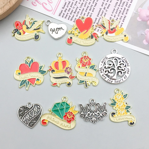 Mother's Day DIY Jewelry Making Charms Zinc Alloy Enamel Heart Flower MOM Letter Pendants For Necklace Keychain Women Gift
