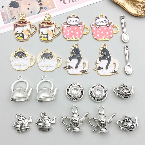 Alloy Cat Tea Cup Teapot Pendants Charms For DIY Jewelry Making Antique Silver Enamel Kitten Mini Spoons Accessories