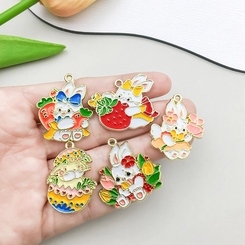 Cartoon Rabbit Alloy Enamel Charms For Easter DIY Jewelry Making Colorful Bunny Carrot Strawberry Eggshell Pendants For Bracelet Necklace