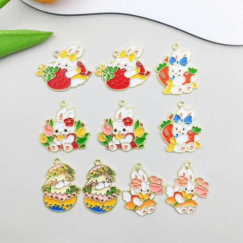 Cartoon Rabbit Alloy Enamel Charms For Easter DIY Jewelry Making Colorful Bunny Carrot Strawberry Eggshell Pendants For Bracelet Necklace