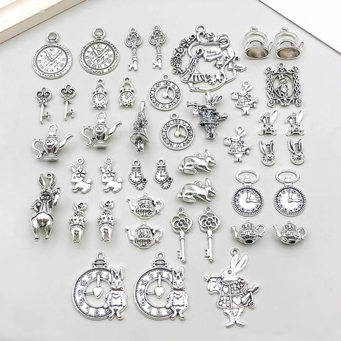 Antique Silver Alloy Alice In Wonderland Pendants Rabbit Teapot Clock Key Charms For DIY Jewelry Making Accessories