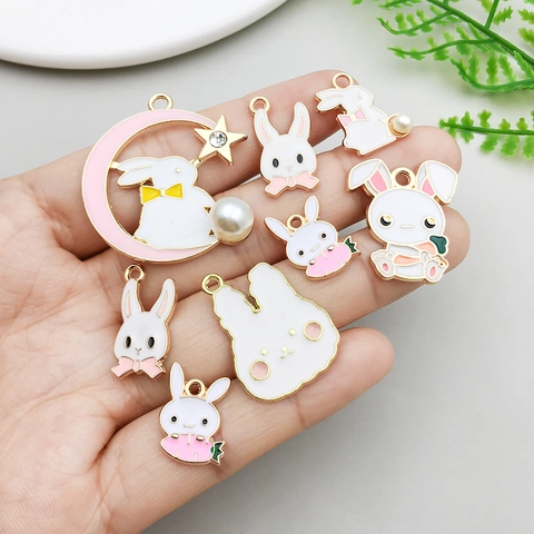 Zinc Alloy Enamel Easter Bunny Pendants With Artificial Pearl Rhinestone Moon Rabbit Charms For DIY Jewelry Making Pendants