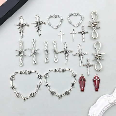 Breloques en Alliage de Zinc Argent Antique Gothic Punk pour Création de Bijoux DIY Cœur Rose Croix Cercueil Pendentifs