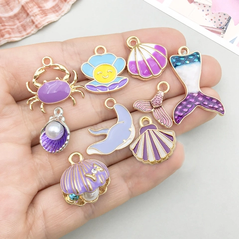 Ocean Series Alloy Enamel Mermaid Tail Shell Pendants Purple Blue Gold Charms For Bracelet DIY Jewelry Making Findings