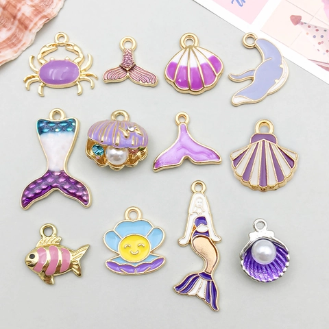 Ocean Series Alloy Enamel Mermaid Tail Shell Pendants Purple Blue Gold Charms For Bracelet DIY Jewelry Making Findings