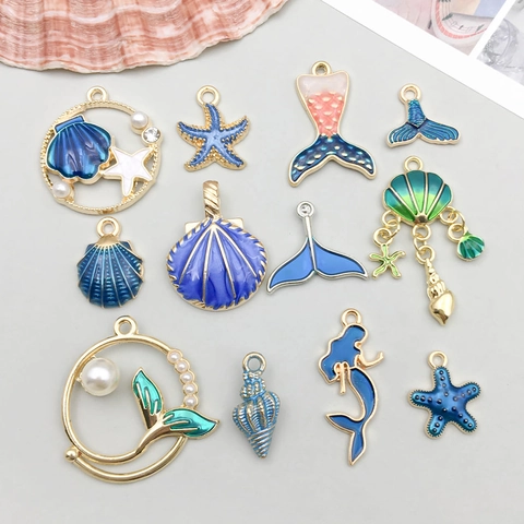 Legering Blauw Emaille Oceaan Stijl Zeemeermin Staart Zeester Schelp Hangers Voor DIY Sieraden Maken Accessoires