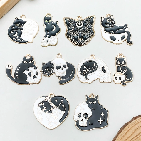 Halloween Cat Skull Drip Oil Zinc Alloy Pendant Charm For DIY Jewelry Making Gothic Black White Cat Enamel Pendant Only Without Chain