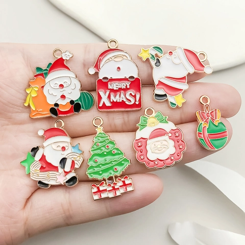 Christmas Enamel Alloy Pendants Mix For DIY Jewelry Making Santa Claus Snowman Reindeer Snowflake Bell Charm For Bracelet