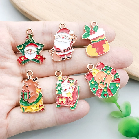 Christmas Theme Alloy Enamel Pendants Santa Claus Snowman Elk Tree Gingerbread Man Stocking Charm For DIY Jewelry Making Accessory