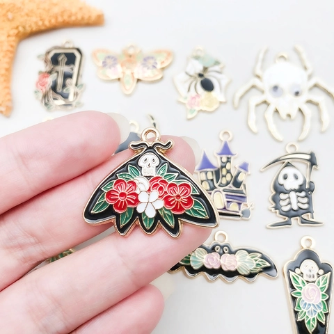 Halloween Zinc Alloy Enamel Charms Pendants DIY Skull Spider Bat Pumpkin Castle Ghost Jewelry Making Accessories