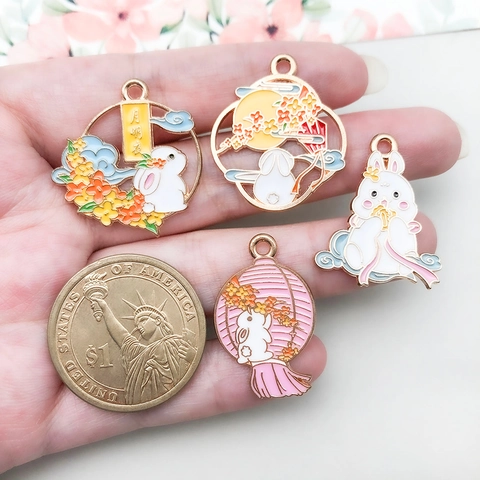 Cartoon Alloy Enamel Rabbit Moon Charm Pendant For DIY Jewelry Making Keychain Bracelet Accessories Traditional Oriental Theme