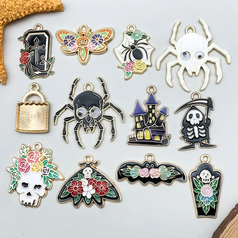 Halloween Zinc Alloy Enamel Charms Pendants DIY Skull Spider Bat Pumpkin Castle Ghost Jewelry Making Accessories