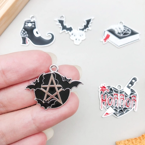 Halloween Enamel Alloy Pendants Bat Pentagram Magic Book Tombstone Skull Charms For DIY Gothic Jewelry Making Accessories