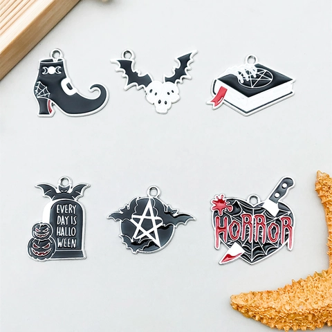 Halloween Enamel Alloy Pendants Bat Pentagram Magic Book Tombstone Skull Charms For DIY Gothic Jewelry Making Accessories