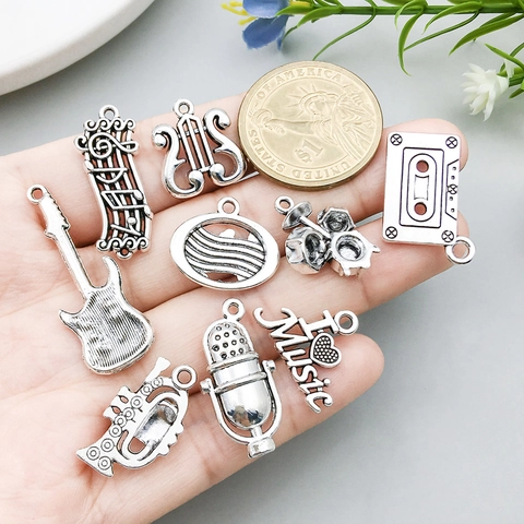 Antique Silver Zinc Alloy Music Instrument Charms For Jewelry Making Guitar Saxophone Piano Violin Musical Note DIY Pendants For Necklace Bracelet Accessory