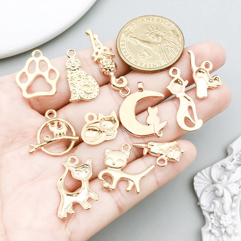 Alloy Cat Charms Pendants Gold Color Animal Cat Paw Moon Shape For Jewelry Making DIY Bracelet Necklace Accessory For Women