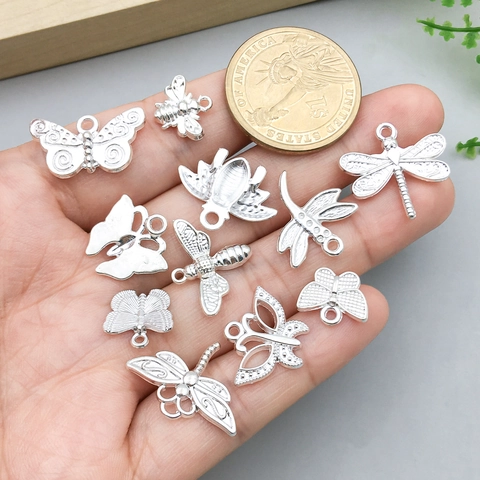 Vintage Zinc Alloy Insect Pendants Set Bright Silver Electroplated Butterfly Bee Dragonfly Charms For DIY Jewelry Making Accessories