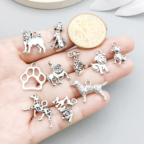 Antique Silver Dog Series Alloy Pendants For DIY Jewelry Making Vintage Animal Bone Puppy Paw Charms For Craft Accessories