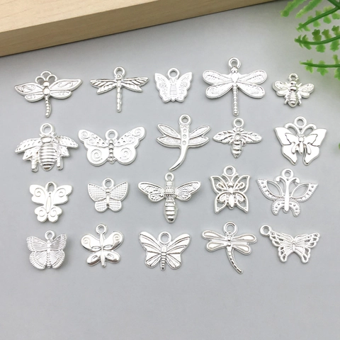 Vintage Zinc Alloy Insect Pendants Set Bright Silver Electroplated Butterfly Bee Dragonfly Charms For DIY Jewelry Making Accessories