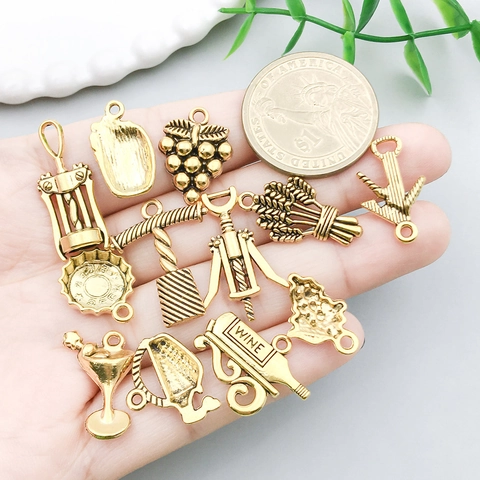 Antique Gold Zinc Alloy Wine Theme DIY Charms For Jewelry Making Red Wine Bottle Grape Corkscrew Glass Pendant Accessories