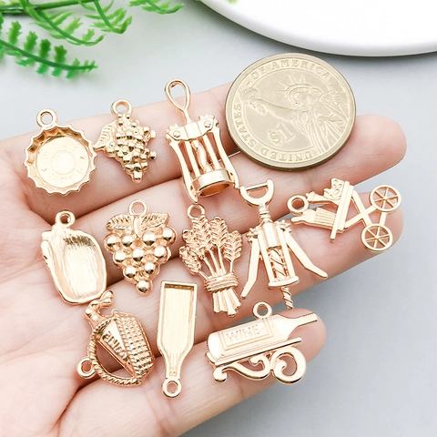 Vintage Zinc Alloy Red Wine Series Pendants KC Gold Wine Bottle Glass Grape Charms For DIY Necklace Bracelet Jewelry Making Accessories