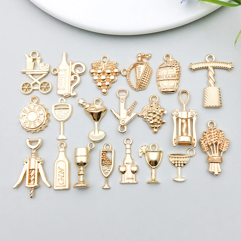 Vintage Zinc Alloy Red Wine Series Pendants KC Gold Wine Bottle Glass Grape Charms For DIY Necklace Bracelet Jewelry Making Accessories