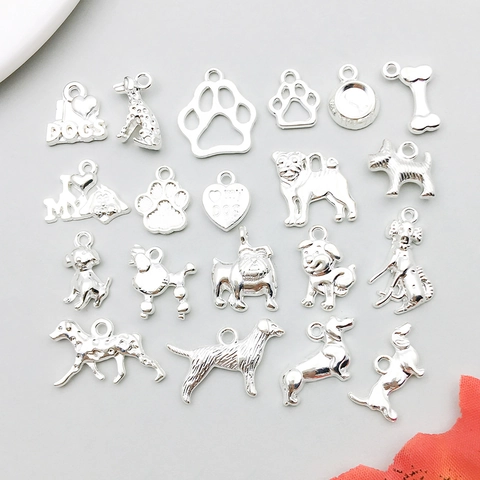 Bright Silver Zinc Alloy Dog Series Pendants Charms Animal Paw Bone Heart Shape DIY Jewelry Making Accessories For Necklace Bracelet