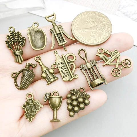 Antique Bronze Zinc Alloy Wine Series Charms Wine Bottle Glass Grape Pendants For DIY Jewelry Making Accessories